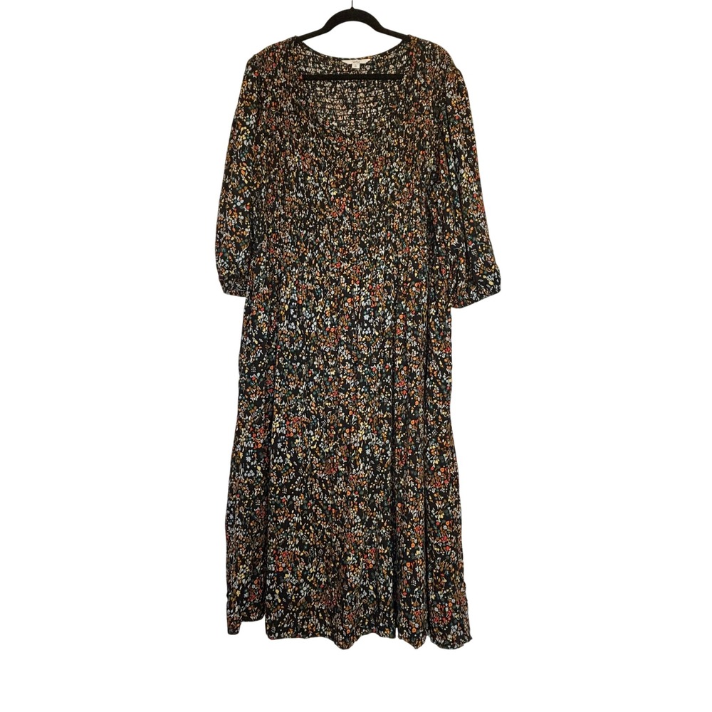 Croft & Barrow Floral Smocked Maxi Dress Women Plus Size 4X Black V-Neck Pockets
